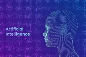 AI. Artificial intelligence concept. Abstract wireframe digital human face on streaming matrix digital binary code background. Human head in robot digital computer interpretation. Vector illustration.
